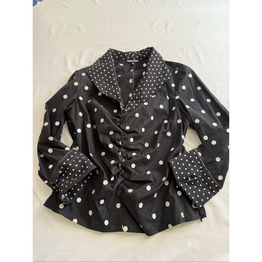 Samuel Dong Black White Polka Dot Ruched Artsy Blouse Top Jacket Size Large